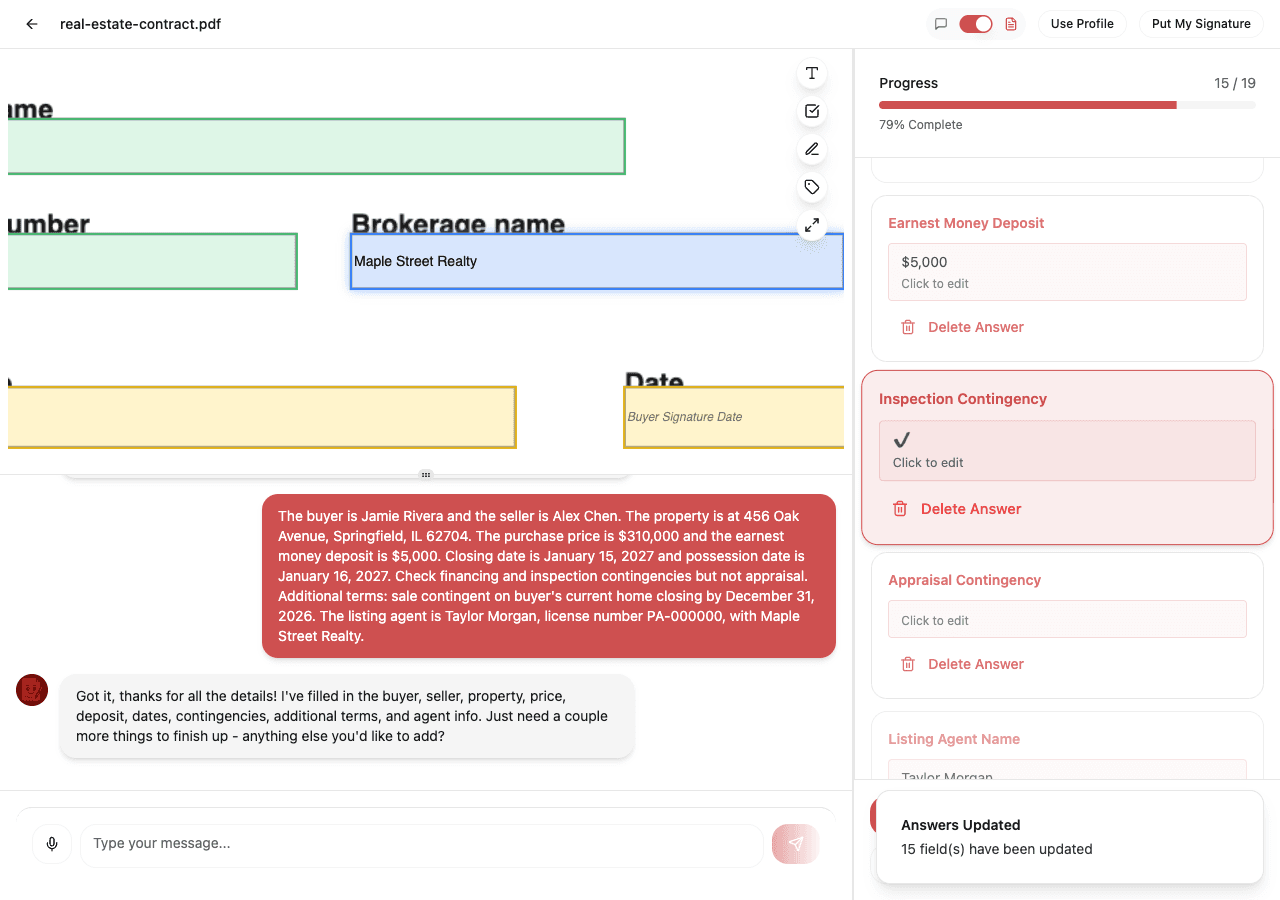 The same form after one typed message: the progress bar reads 15 of 19, the Brokerage name box shows Maple Street Realty, and the answer list shows the $5,000 deposit and a checked inspection contingency