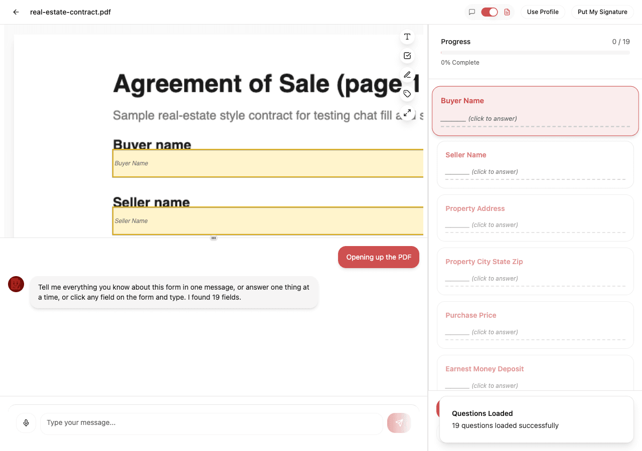 ChatFill's chat panel, ready with the sample real estate contract fully loaded and 0 of 19 fields filled