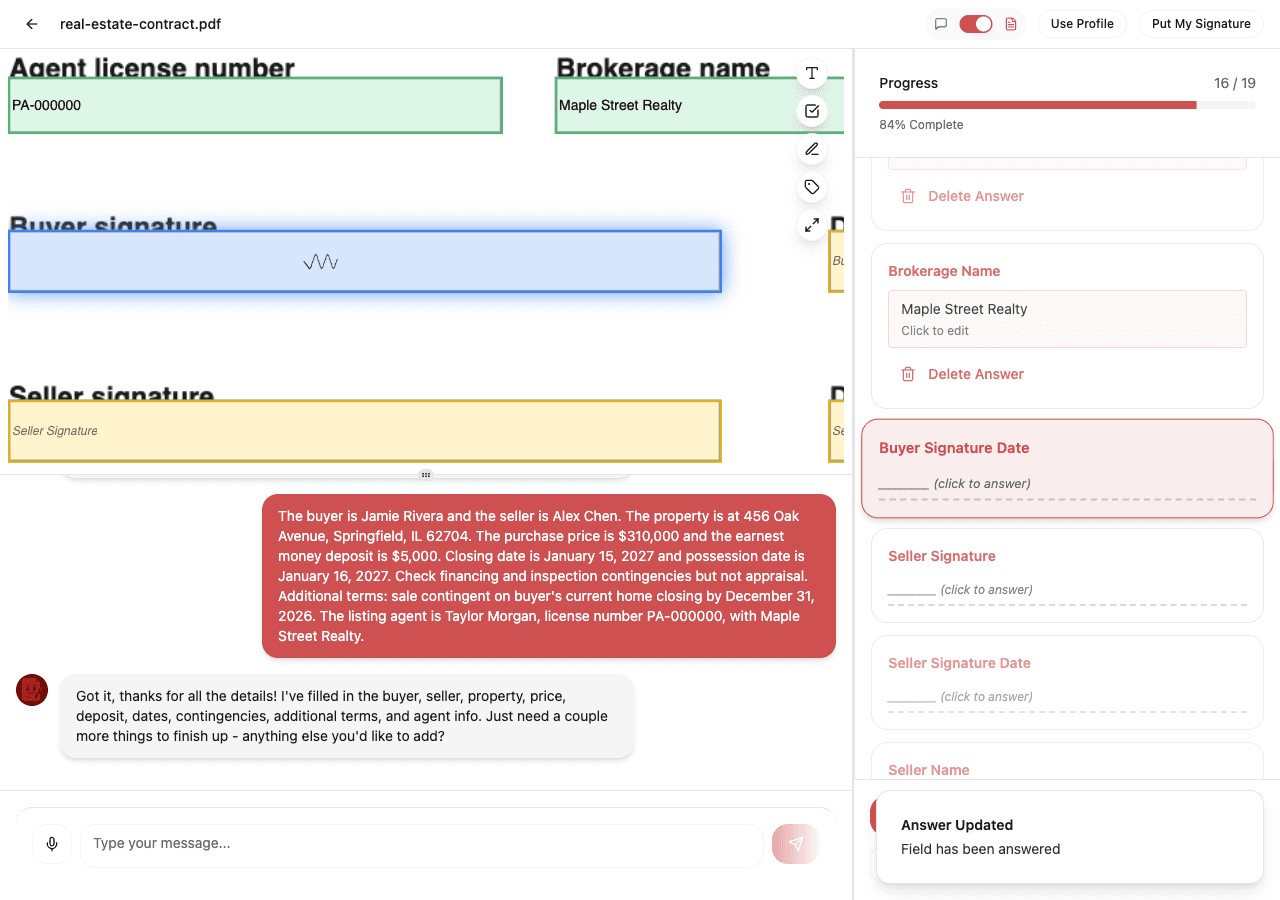 The buyer's signature drawn and landed in the Buyer Signature box through ChatFill's own consent flow, 16 of 19 fields complete